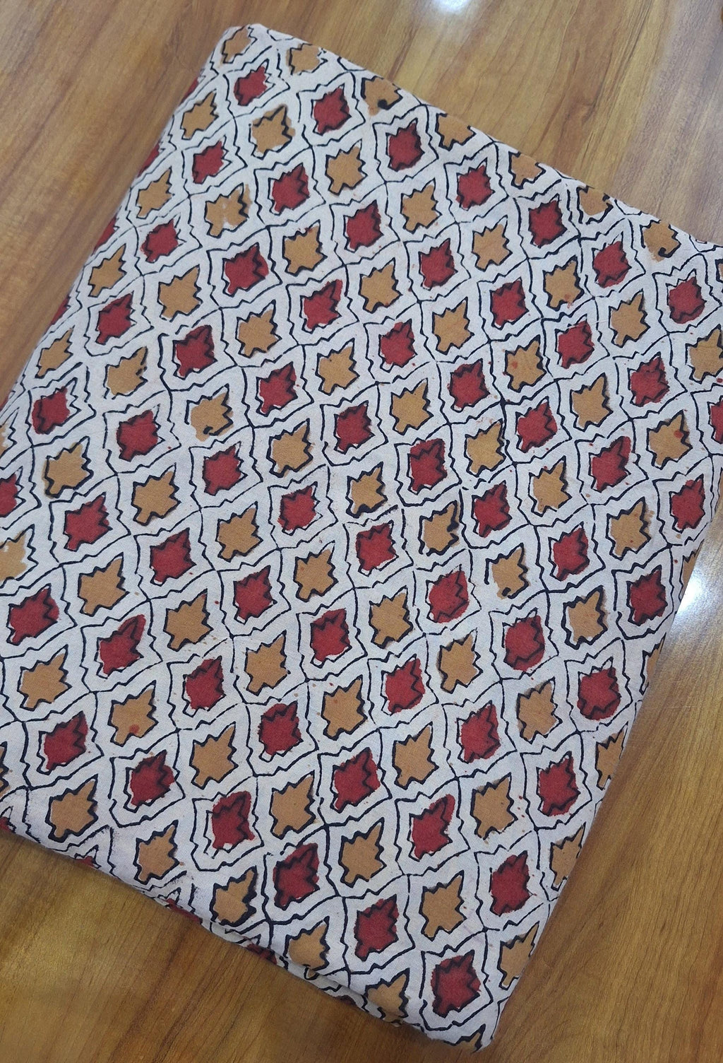 Hand Block Print Cotton Fabric, Rustic Leaf Motif, Red & Mustard Geometric Print, Lightweight Cotton by Yard, Quilting Sewing Dress Making