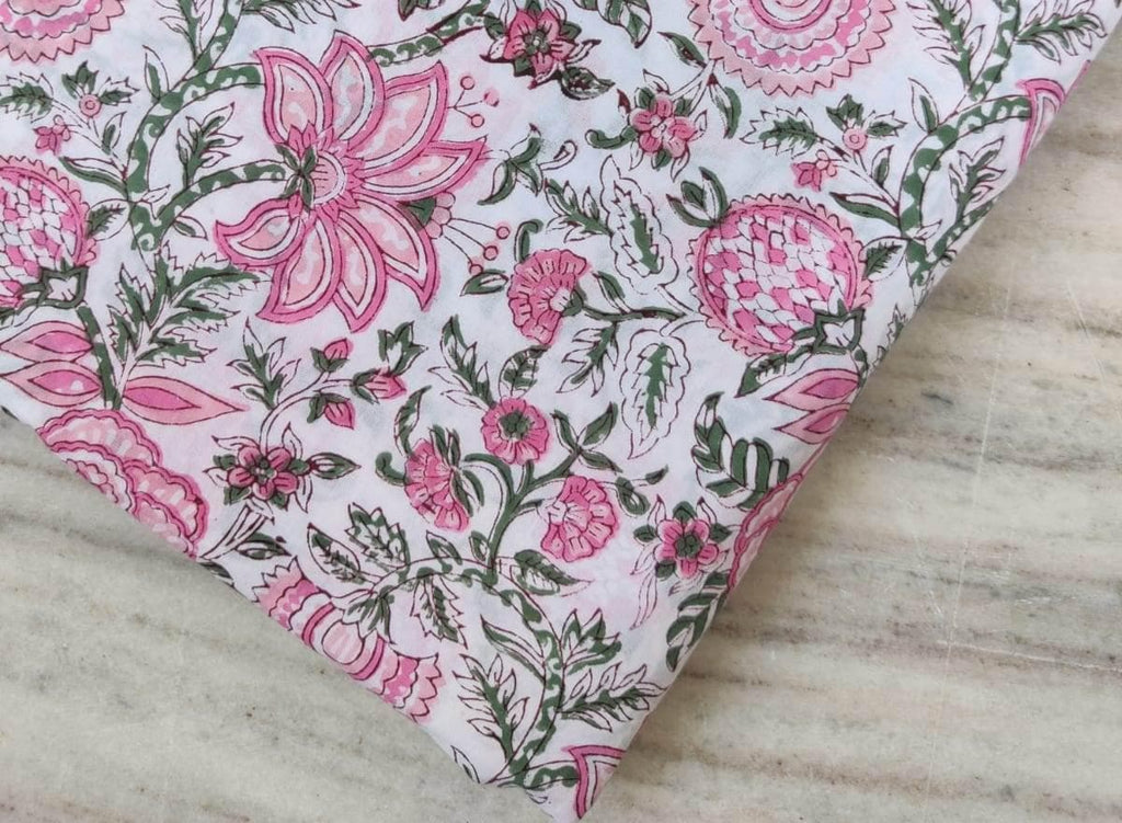 Pink Green Floral Cotton Fabric, Indian Hand Block Print by Yard, Soft White Fabric for Quilting, Dressmaking & Crafts, Textile Fabric Loose