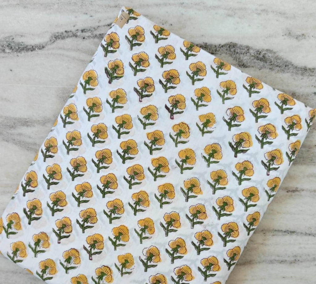 Indian Hand Block Print Cotton Fabric, Yellow Floral Buti Print Fabric, Jaipur Cotton Textile, Small Flower Botanical Fabric for Sewing Gift