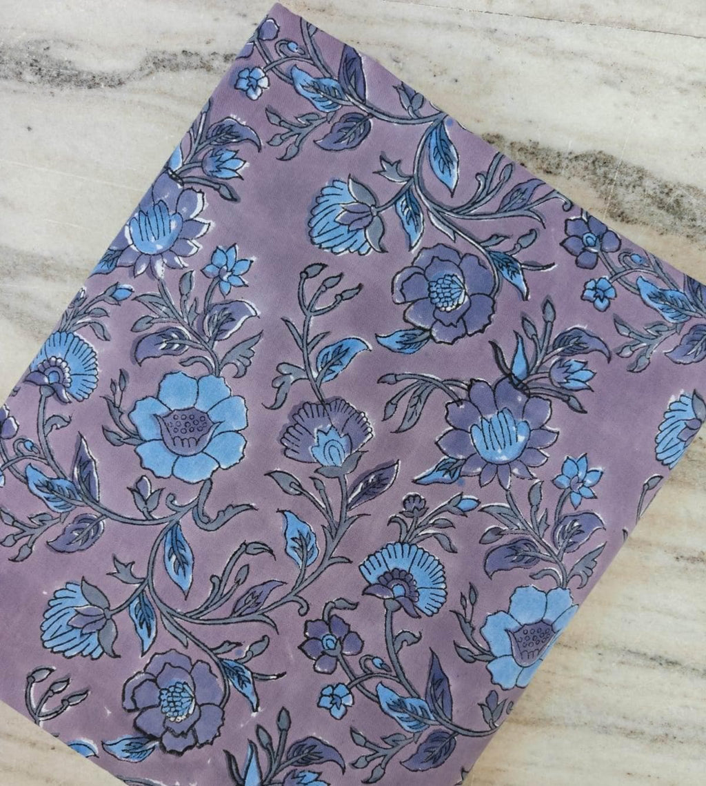 Lavender Blue Floral Cotton Fabric Hand Block Print Cotton Indian Fabric Soft Cotton Cloth for Dressmaking Quilting & Craft Fabric by Yard