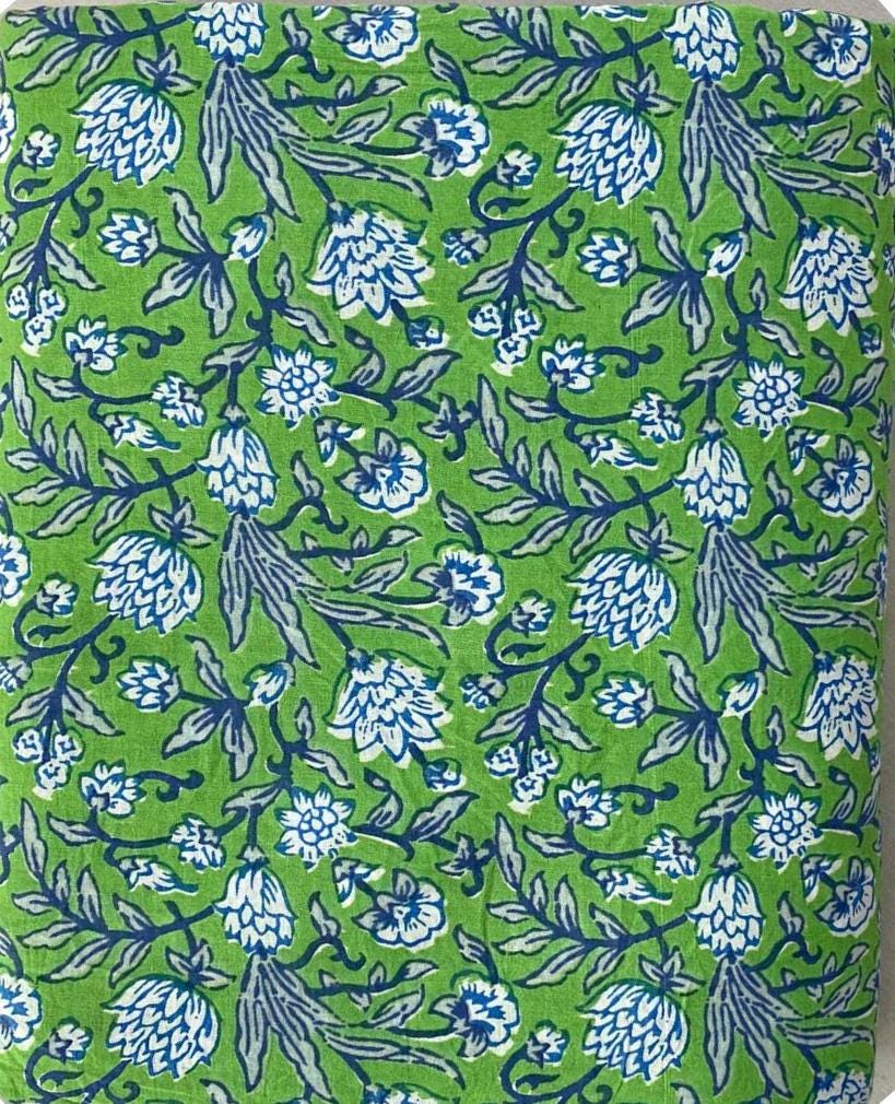 Green Color Indian Hand Block Print Fabric, 100% Cotton Quilting Fabric By The Yard, Fabric For Dress Making Fabric, Loose Running Fabric