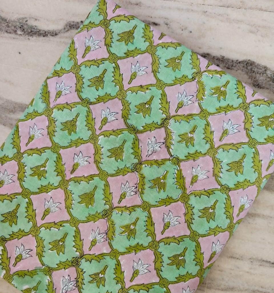 Pastel Floral Block Print Cotton Fabric, Pink Mint Green Indian Hand Block Print Fabric by Yard, Boho Cotton Fabric Quilting Dressmaking
