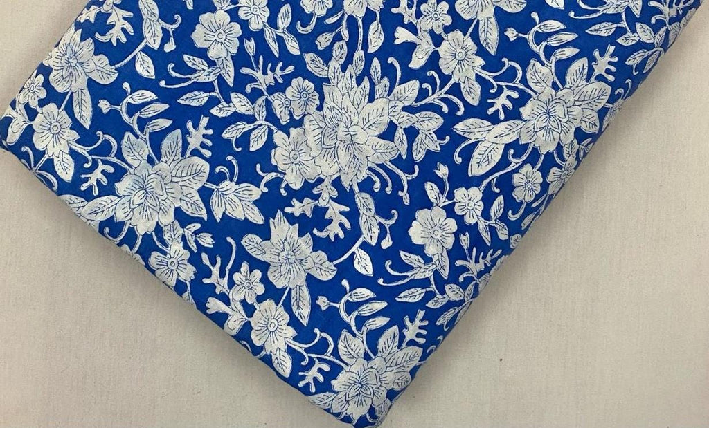 Indian Hand Block Print Fabric, Blue Floral 100% Cotton Quilting Fabric By The Yard, Fabric For Dress Making, Loose Running Fabric