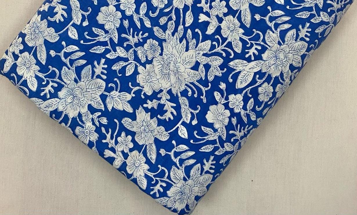 Indian Hand Block Print Fabric, Blue Floral 100% Cotton Quilting Fabric By The Yard, Fabric For Dress Making, Loose Running Fabric