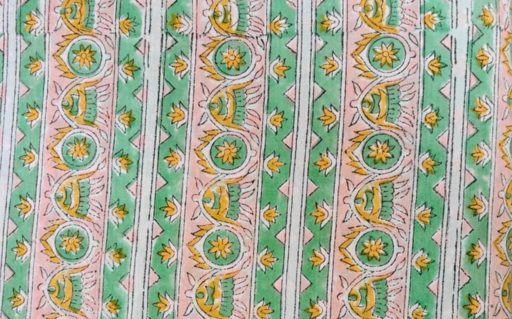 Hand Block Print Cotton Fabric, Green & Pink Floral Stripe Fabric, Indian Handmade Cotton by the Yard, Boho Craft Sewing Fabric, Napkins