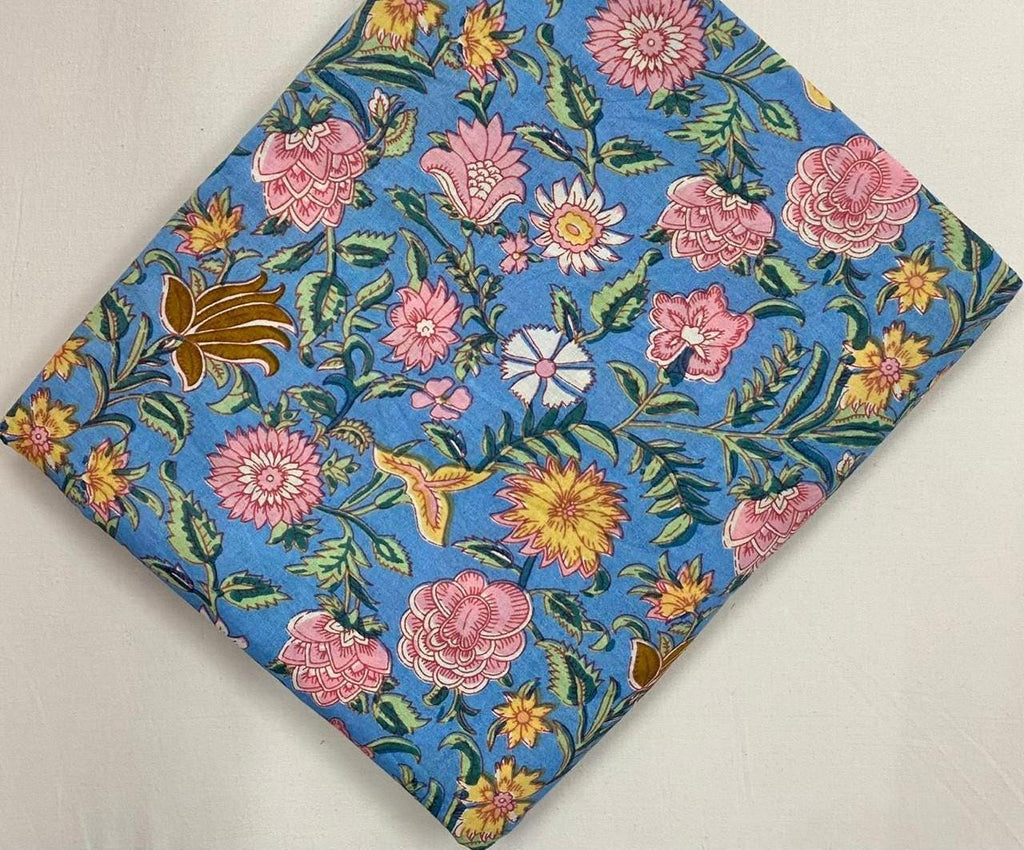 Blue Floral Cotton Fabric by Yard, Pink Yellow Flower Print Fabric, Block Print Cotton Fabric, Quilting Sewing Craft Dressmaking