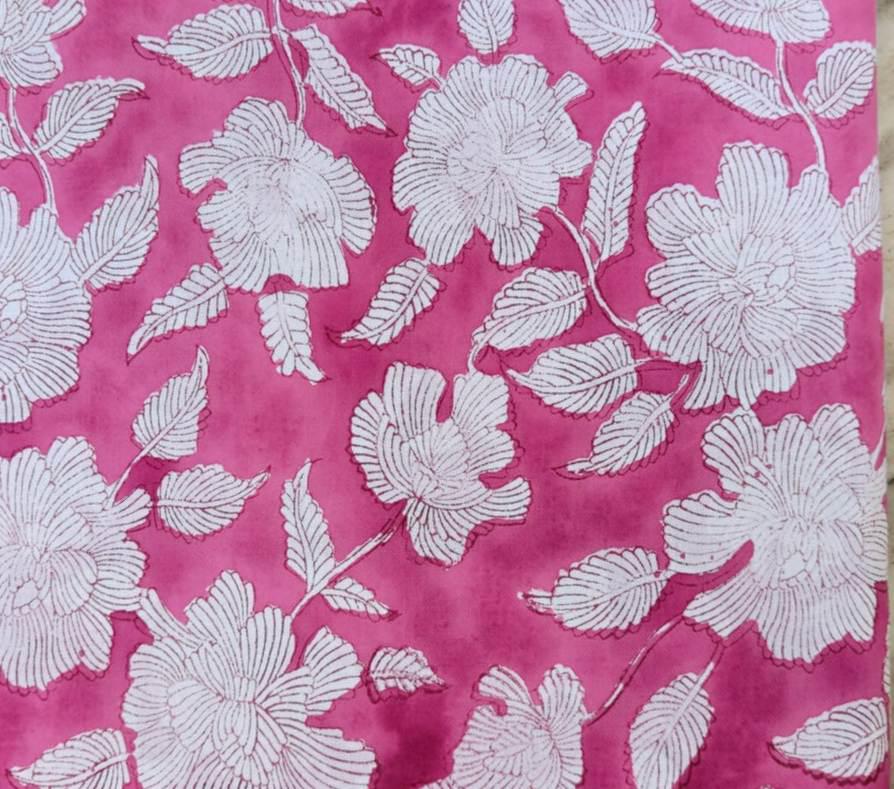 Pink Floral Cotton Fabric, White Flower Print Cotton Fabric by Yard, Indian Block Print Fabric, Dressmaking Fabric, Soft Cotton Textile