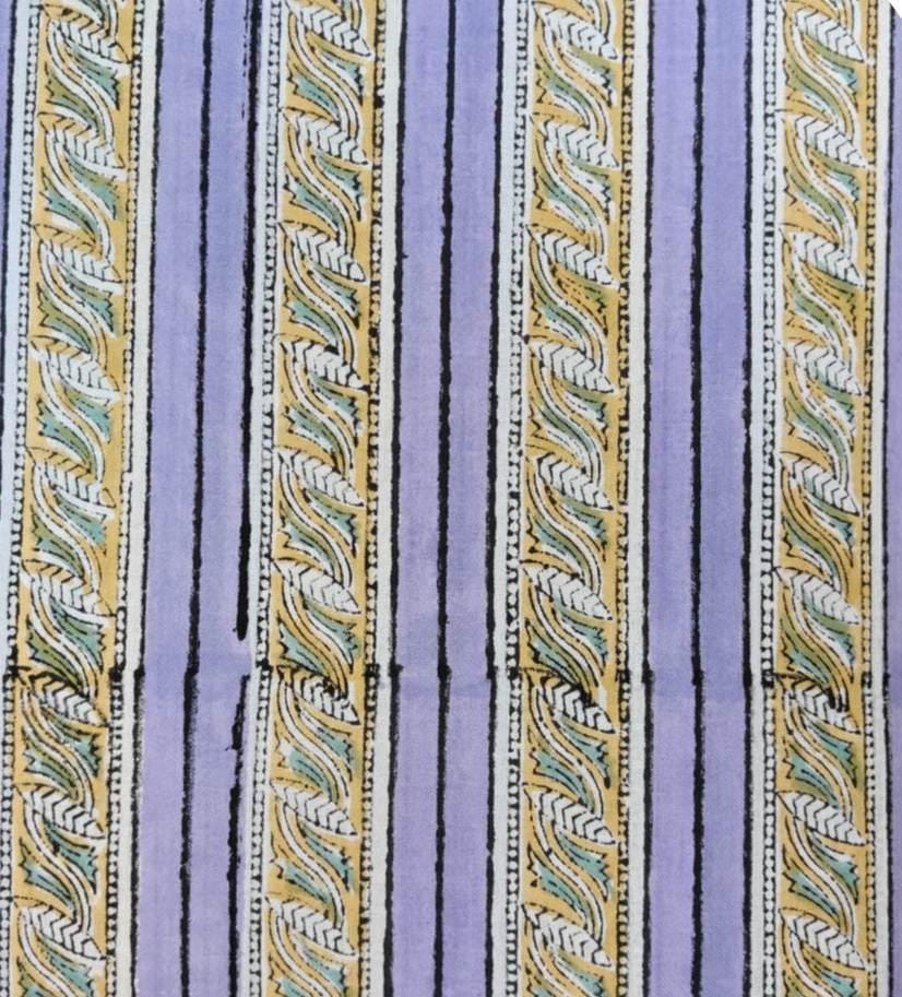 Lavender Striped Cotton Fabric, Hand Block Print Indian Fabric, Yellow Blue Stripe Textile, Soft Cotton Yardage, Dressmaking Craft Fabric