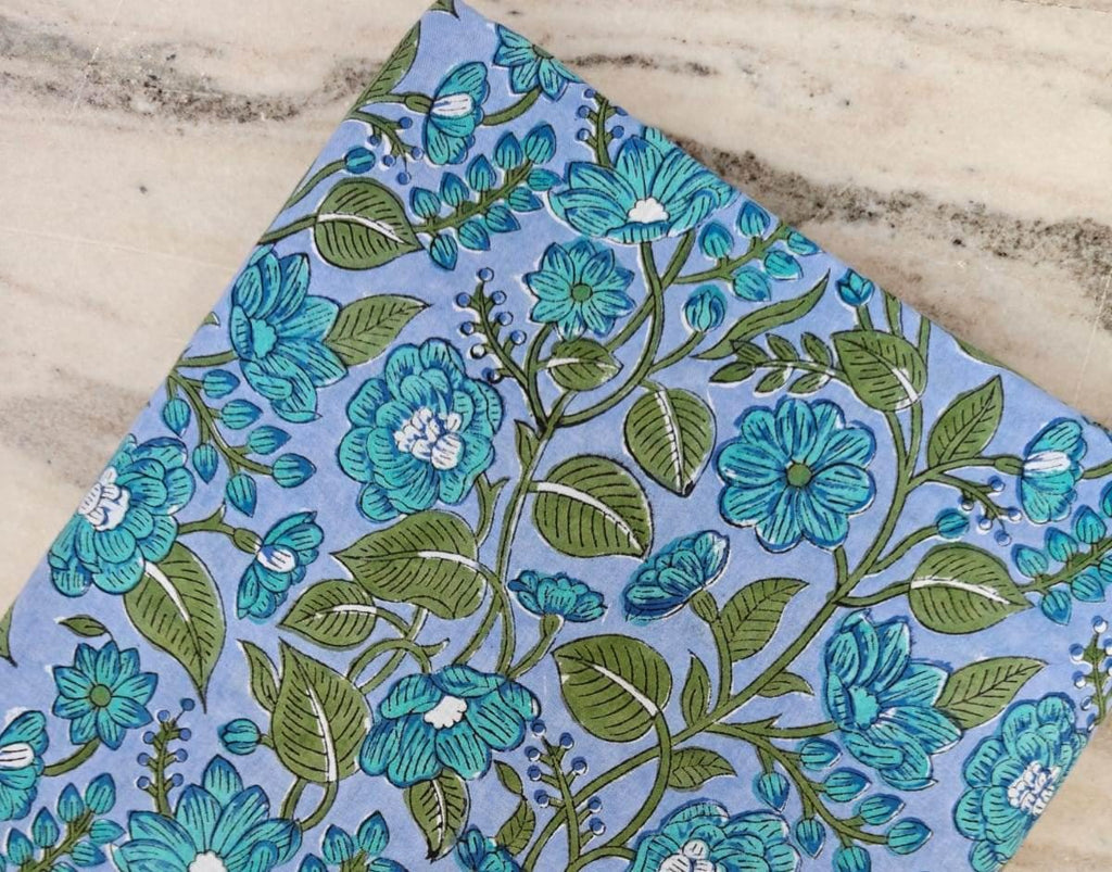 Blue Floral Cotton Fabric, Lightweight Quilting Fabric, Soft Block Print Fabric by the Yard, Dressmaking Fabric, Blue Flower Pattern Textile