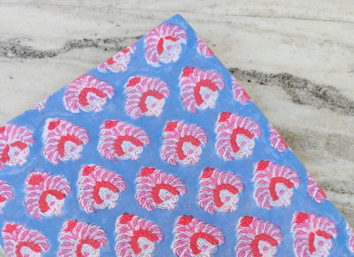 Blue Red Designer Hand Block Print Fabric, Floral 100% Cotton Quilting Fabric By The Yard, Fabric For Dress Making, Loose Running Fabric