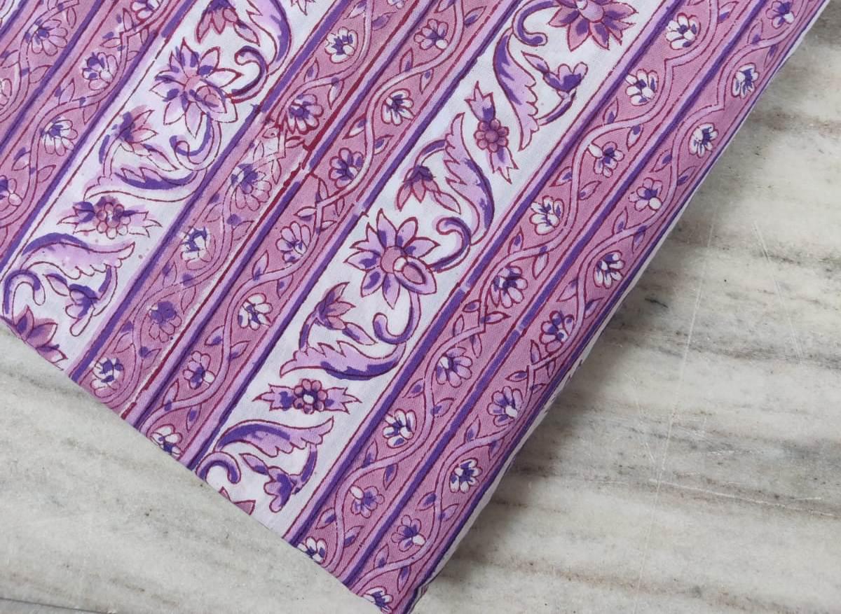 Purple Stripe Floral Cotton Fabric by the Yard, Lightweight Block Print Cloth for Quilting, Sewing, Dressmaking, and DIY Crafts