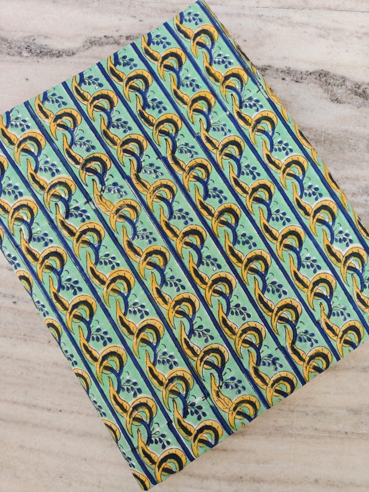 Mint Green & Mustard Block Print Cotton Fabric, Striped Boho Floral, Lightweight Dressmaking Fabric, Loose Running Fabric, Cotton Napkins