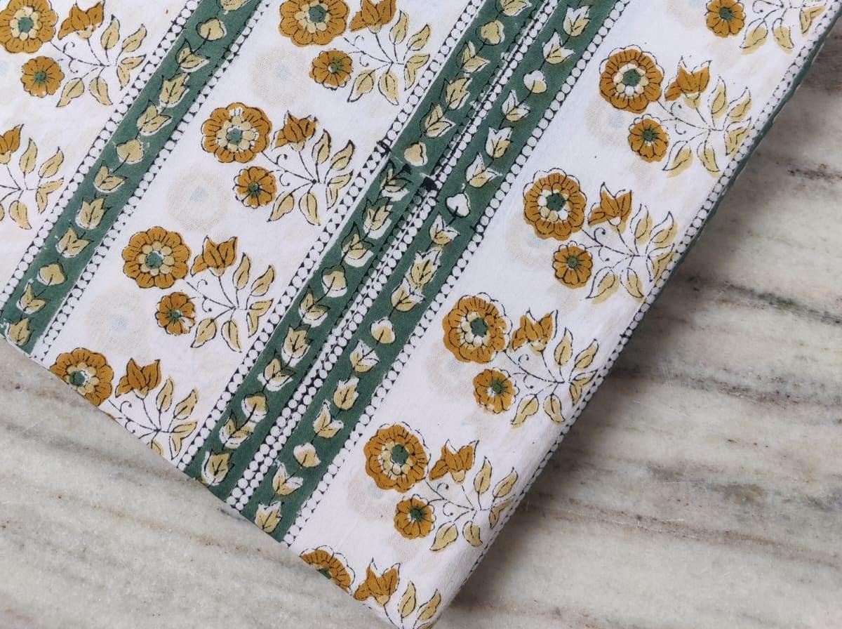 Hand Block Print Cotton Fabric, Floral Stripe Mustard Yellow Green, Indian Cotton Fabric by Yard, Soft Lightweight Sewing Fabric Textile