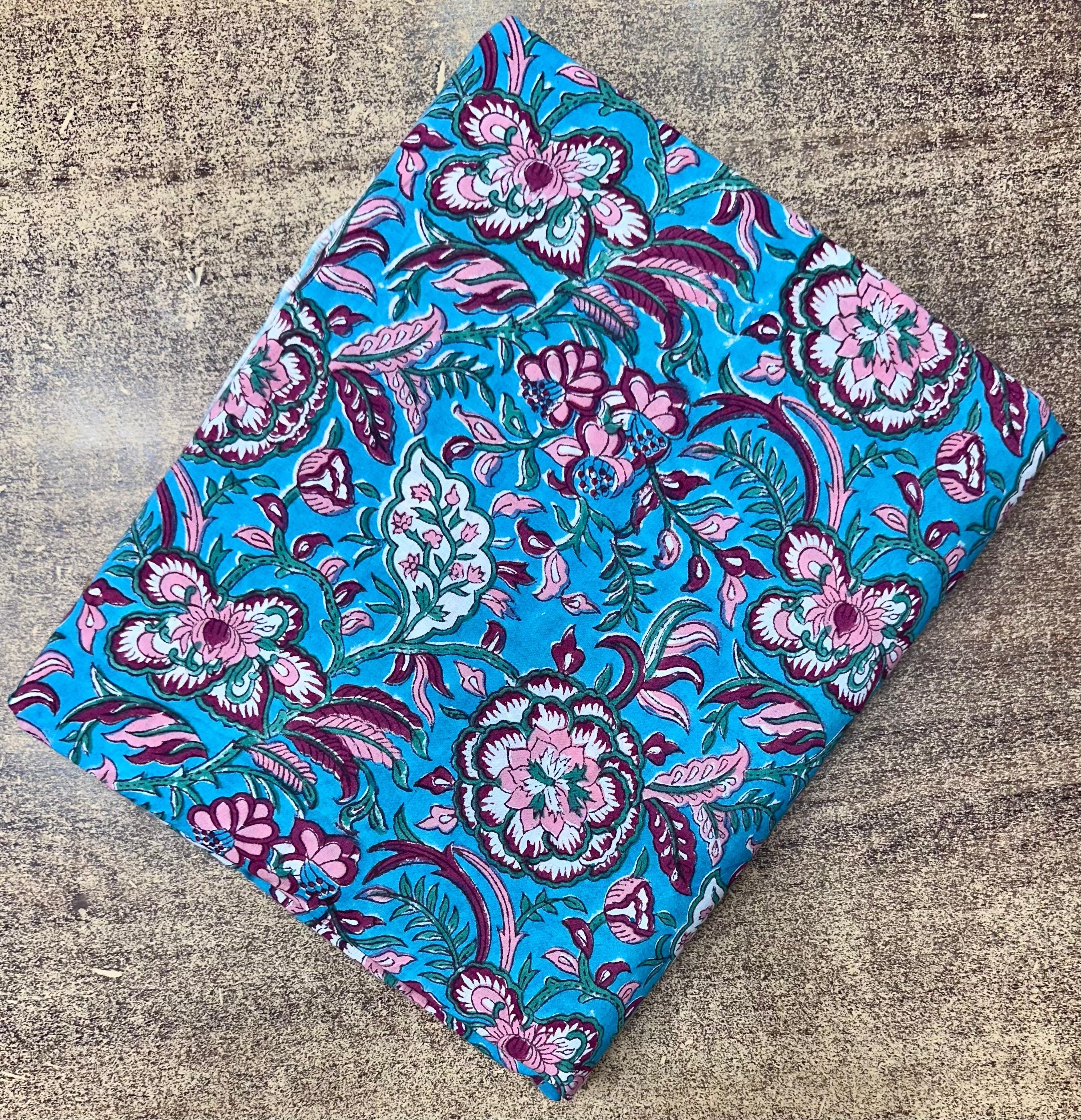 Turquoise Floral Cotton Fabric by the Yard | Pink Hand Block Print Indian Cotton for Quilting, Sewing & Dressmaking | Napkins Fabric, Table