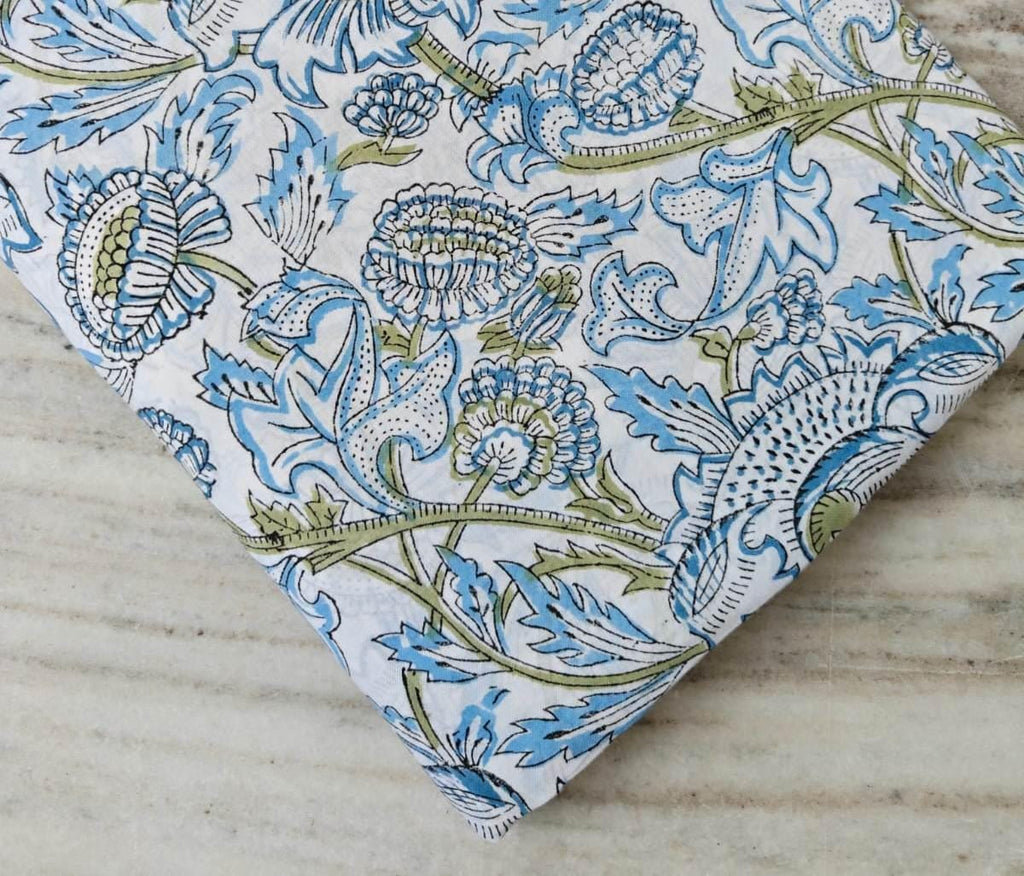 White Cotton Fabric with Blue & Green Floral Print, Hand Block Print Cotton by the Yard, Soft Indian Fabric for Quilting, Sewing Dressmaking