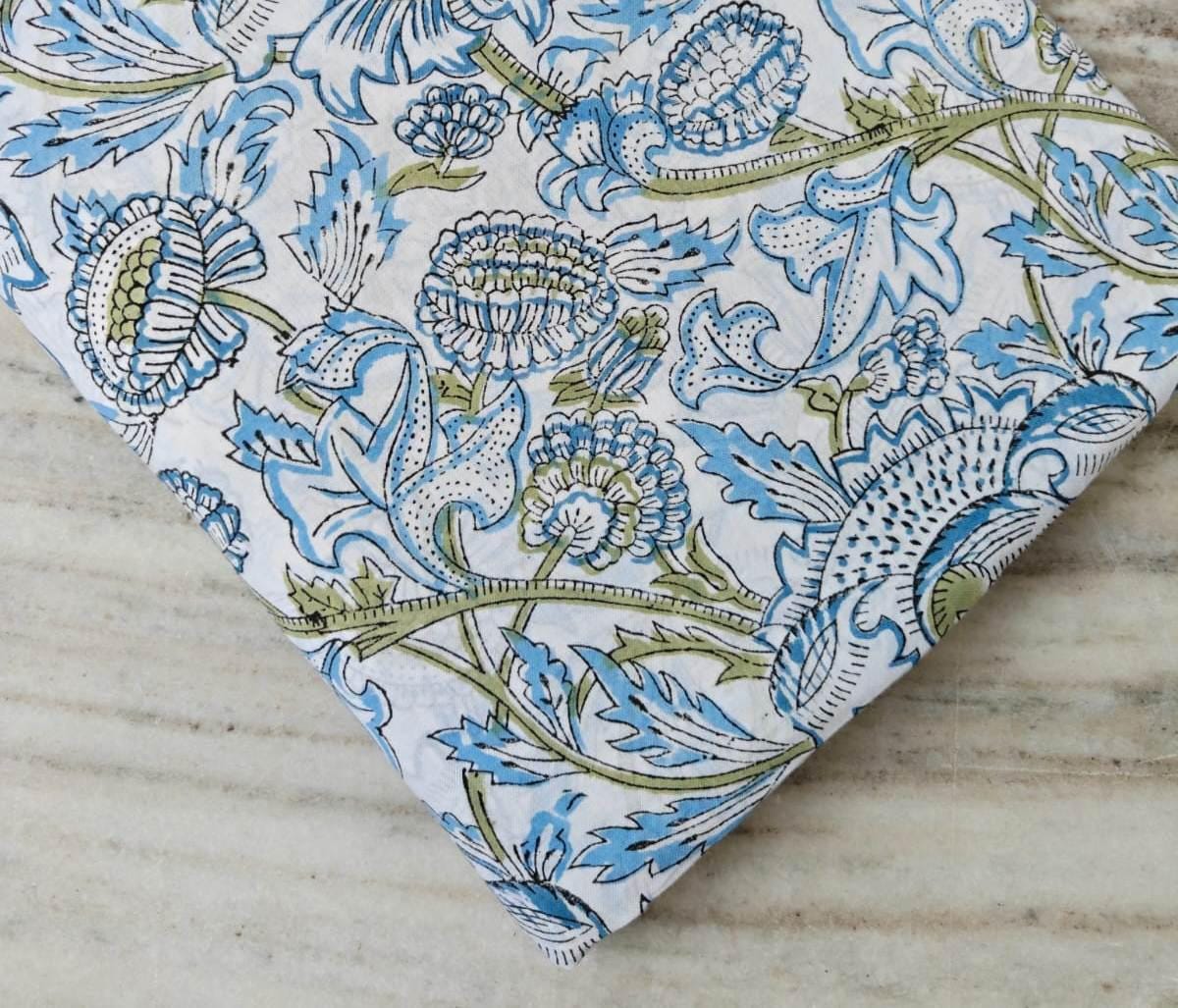 White Cotton Fabric with Blue & Green Floral Print, Hand Block Print Cotton by the Yard, Soft Indian Fabric for Quilting, Sewing Dressmaking