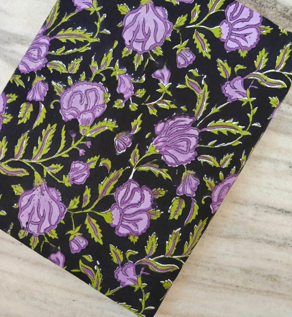 Black Floral Cotton Fabric by the Yard, Purple Rose Print Cotton Fabric, Indian Block Print Fabric, Floral Craft Fabric, Dressmaking Fabric