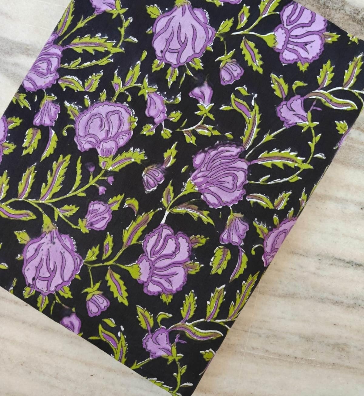 Black Floral Cotton Fabric by the Yard, Purple Rose Print Cotton Fabric, Indian Block Print Fabric, Floral Craft Fabric, Dressmaking Fabric