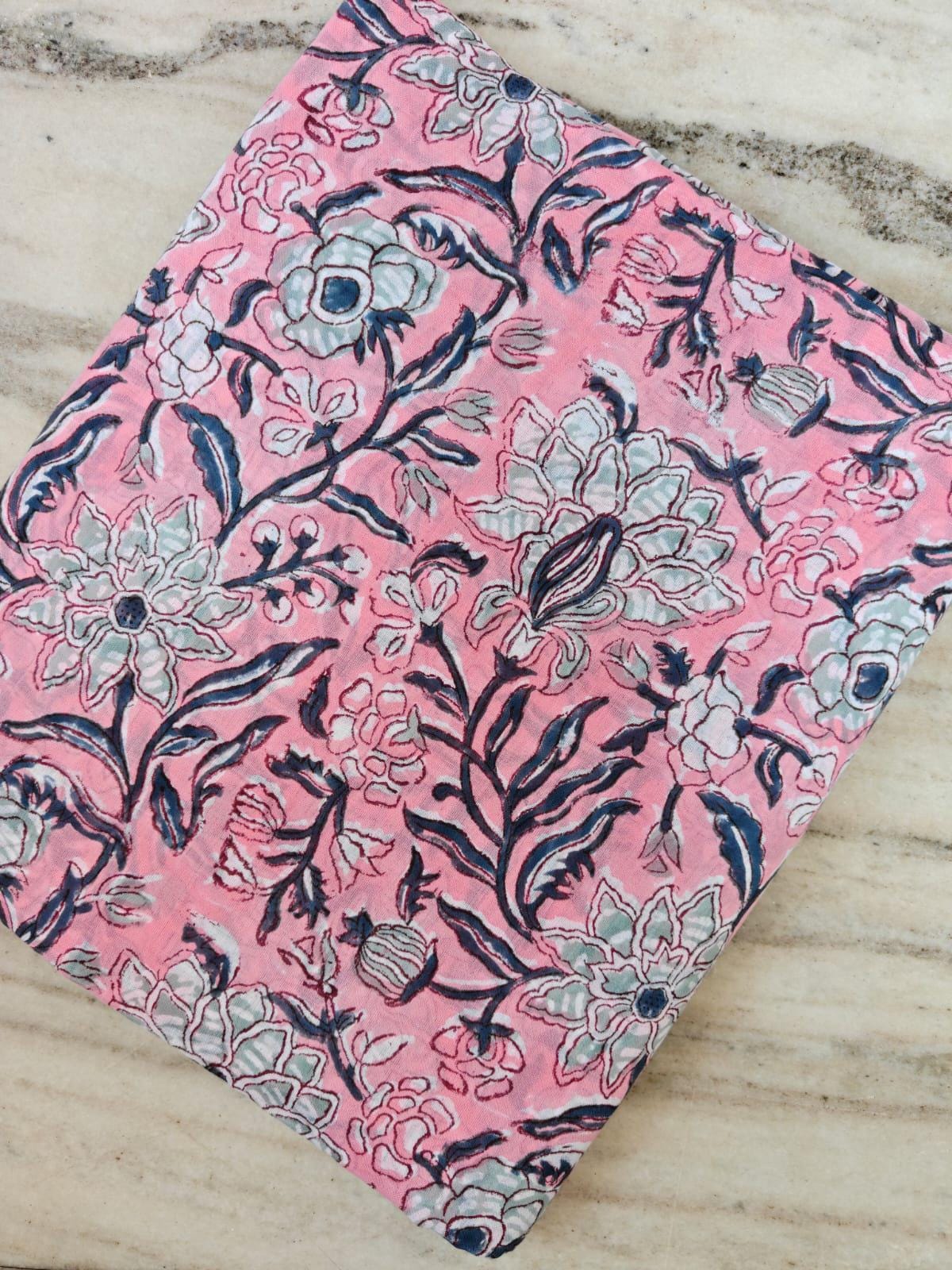 Pink Floral Cotton Fabric, Vintage Botanical Vine Print Fabric, Blue Green Flower Pattern Fabric, Sewing Craft Dressmaking Cotton Textile