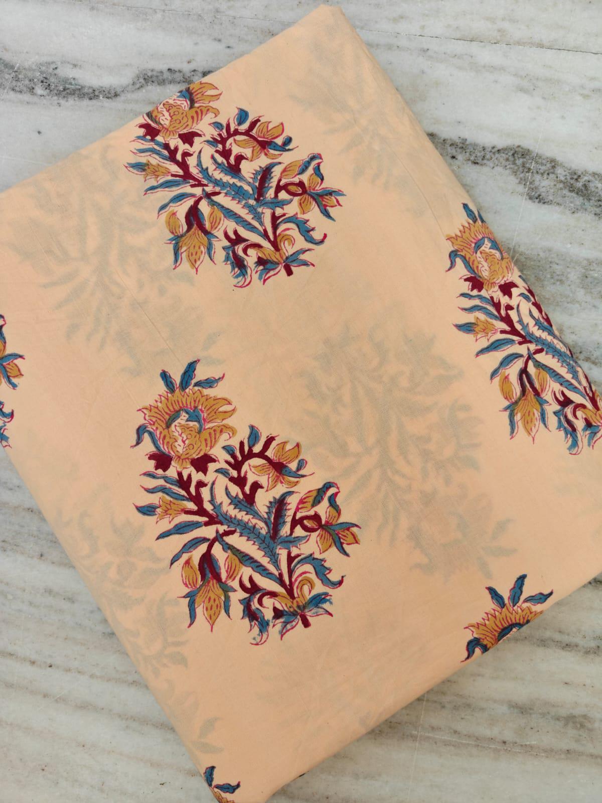 Peach Floral Cotton Fabric by the Yard, Indian Block Print Fabric, Boho Flower Print for Sewing, Quilting & Home Decor, Loose Running Fabric