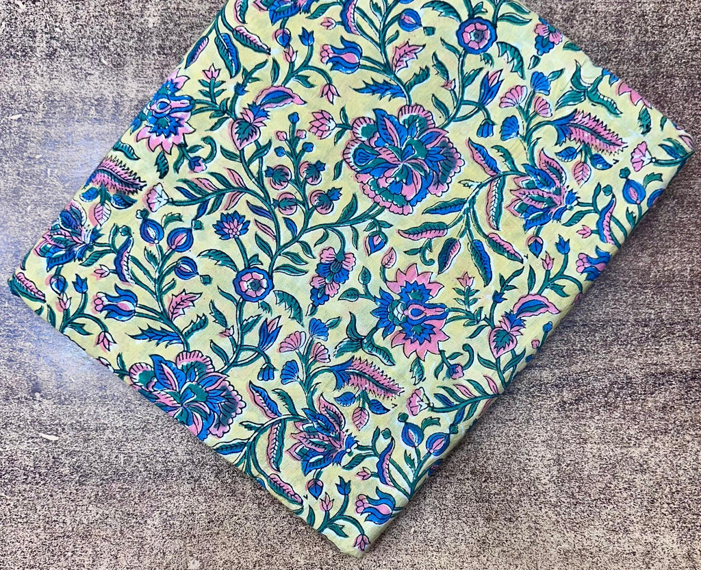 Green Floral Cotton Fabric by Yard, Indian Hand Block Print Cloth, Soft Cotton Sewing Quilting Dressmaking Fabric, Loose Running Fabric