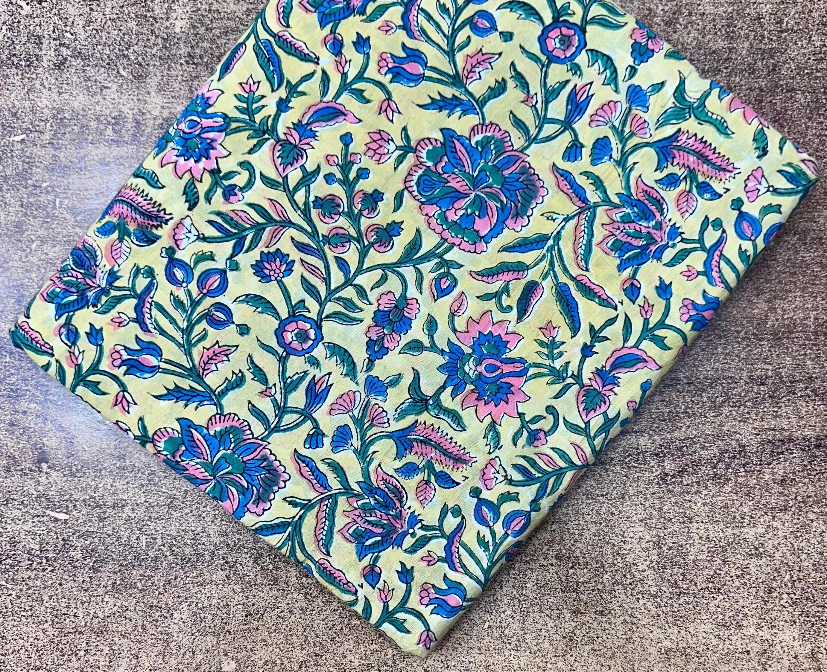 Green Floral Cotton Fabric by Yard, Indian Hand Block Print Cloth, Soft Cotton Sewing Quilting Dressmaking Fabric, Loose Running Fabric