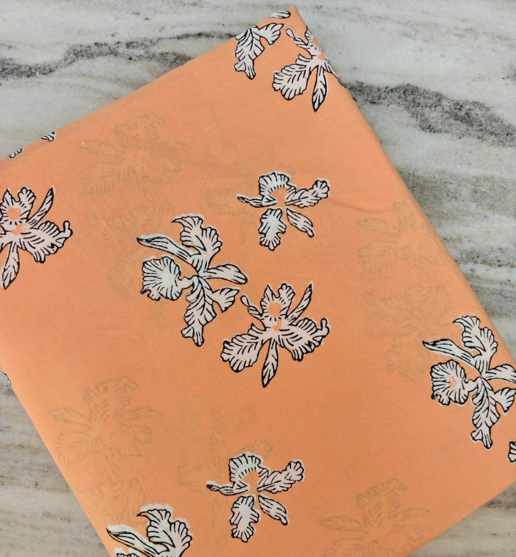 Peach Floral Cotton Fabric by the Yard, White Orchid Print, Soft Lightweight Dressmaking Fabric, Spring Summer Sewing Quilting Fabric