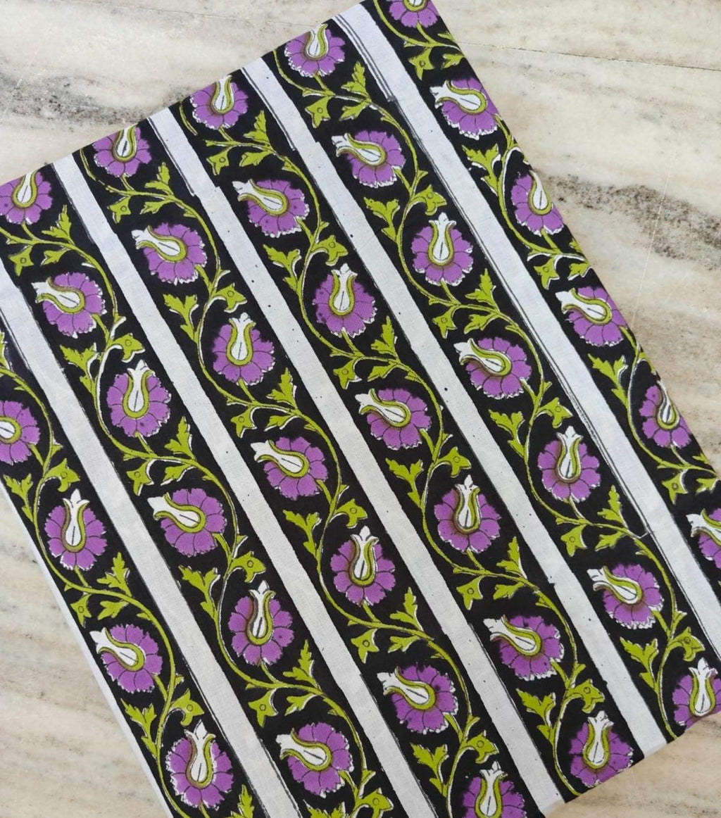 Black Striped Floral Cotton Fabric, Indian Block Print Fabric, Purple Green Boho Fabric, Soft Cotton for Sewing, Quilting, Dressmaking