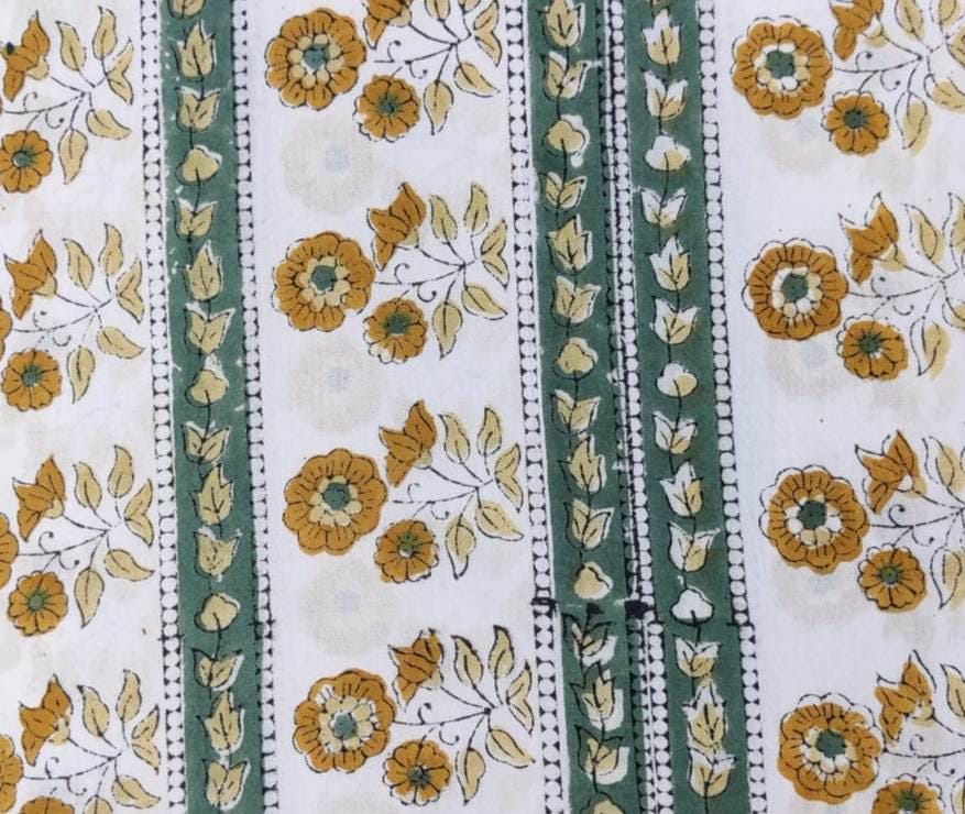 Hand Block Print Cotton Fabric, Floral Stripe Mustard Yellow Green, Indian Cotton Fabric by Yard, Soft Lightweight Sewing Fabric Textile