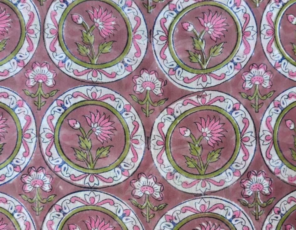 Pink Floral Block Print Cotton Fabric | Indian Hand Block Printed Fabric | Dusty Rose Flower Cotton by Yard | Quilting Sewing Craft Fabric