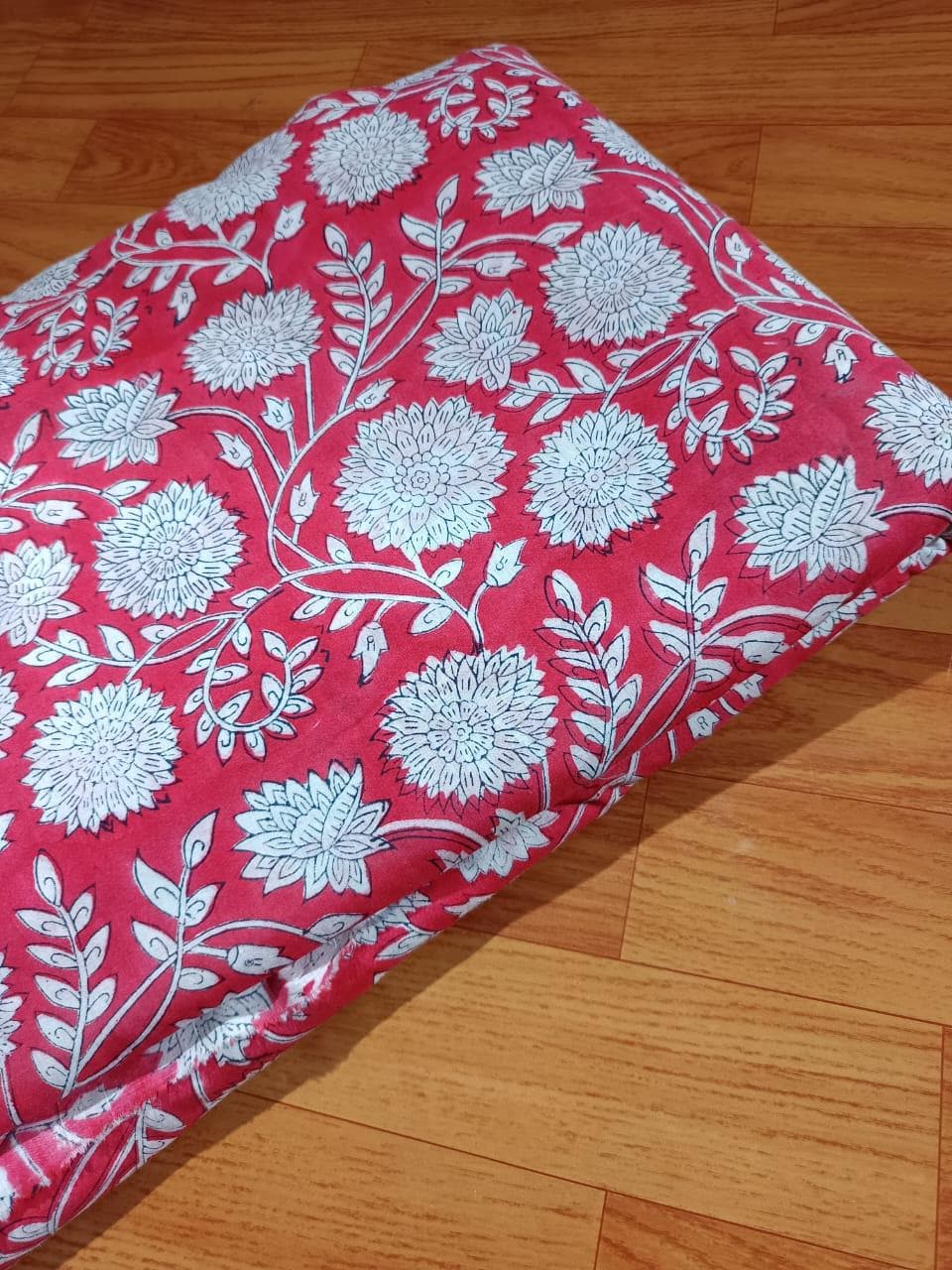 Hand Block Printed Cotton Fabric Red Floral Fabric by Yard Indian Cotton Textile White Flower Print Soft Lightweight Dressmaking & Quilting