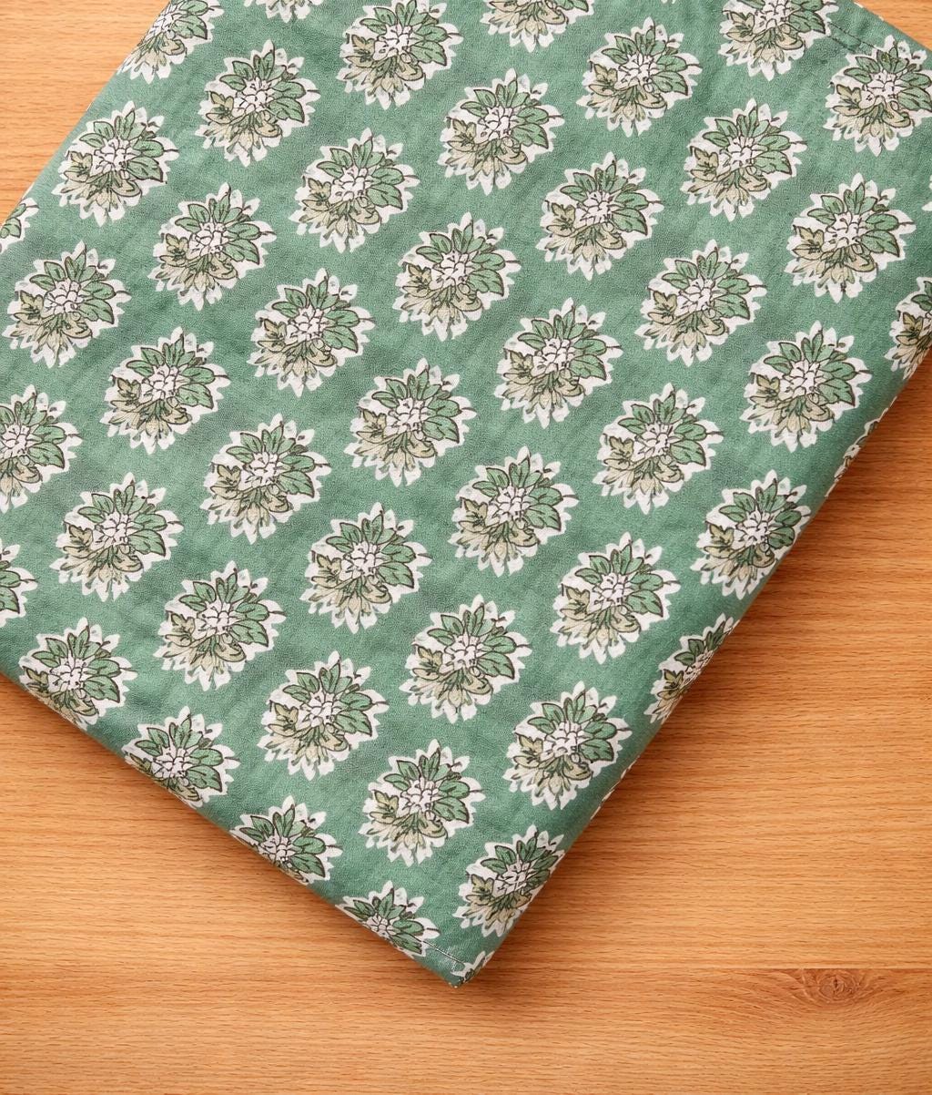 Green Floral Cotton Fabric by the Yard, Block Print Style Cotton Cloth, Soft Lightweight Cotton Fabric for Sewing, Quilting, Dressmaking