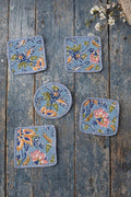 Floral Cotton Tea Coaster Set, Hand Block Print Blue Coasters, Quilted Fabric Drink Coasters, Reusable Table Decor, Housewarming Gift