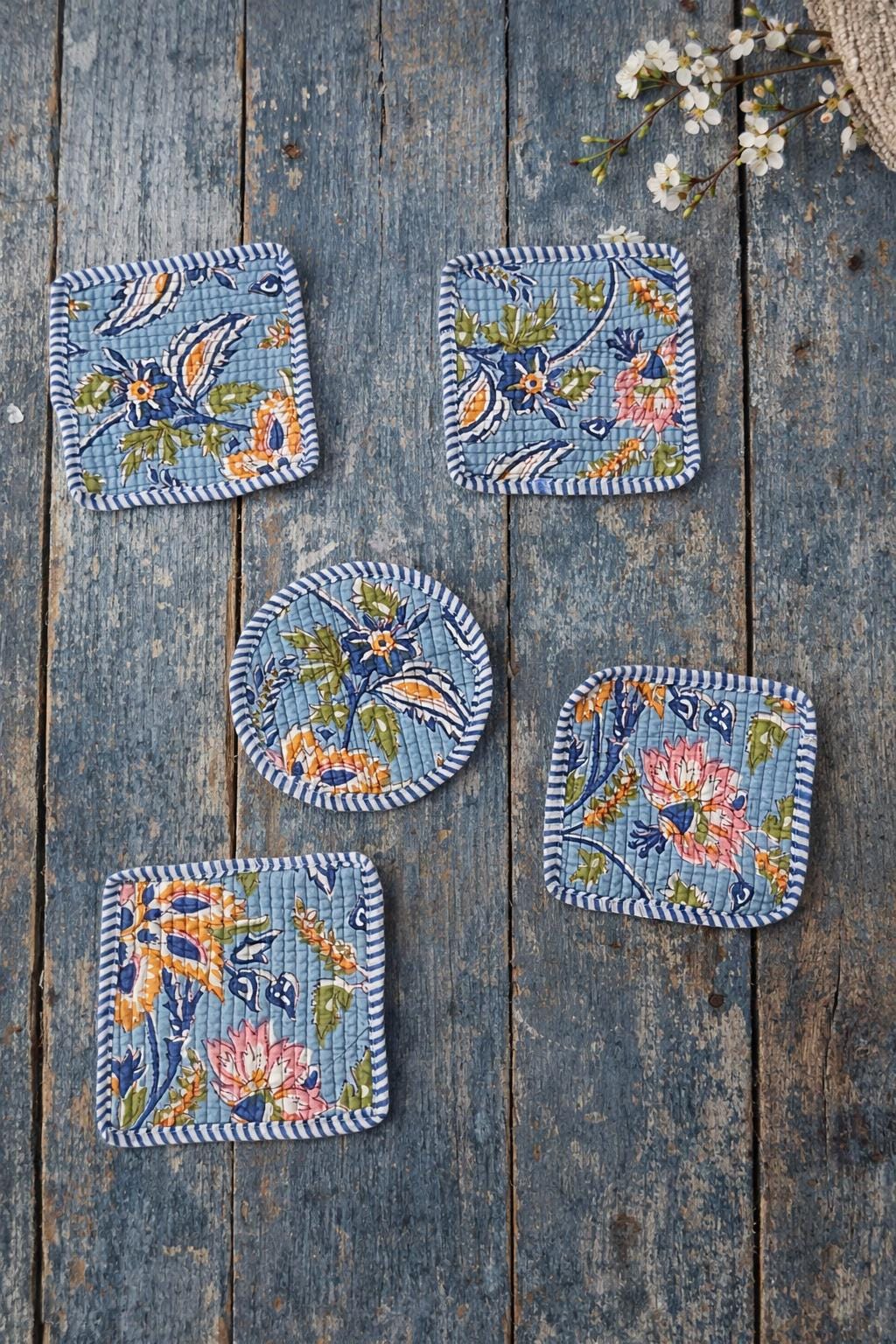 Floral Cotton Tea Coaster Set, Hand Block Print Blue Coasters, Quilted Fabric Drink Coasters, Reusable Table Decor, Housewarming Gift