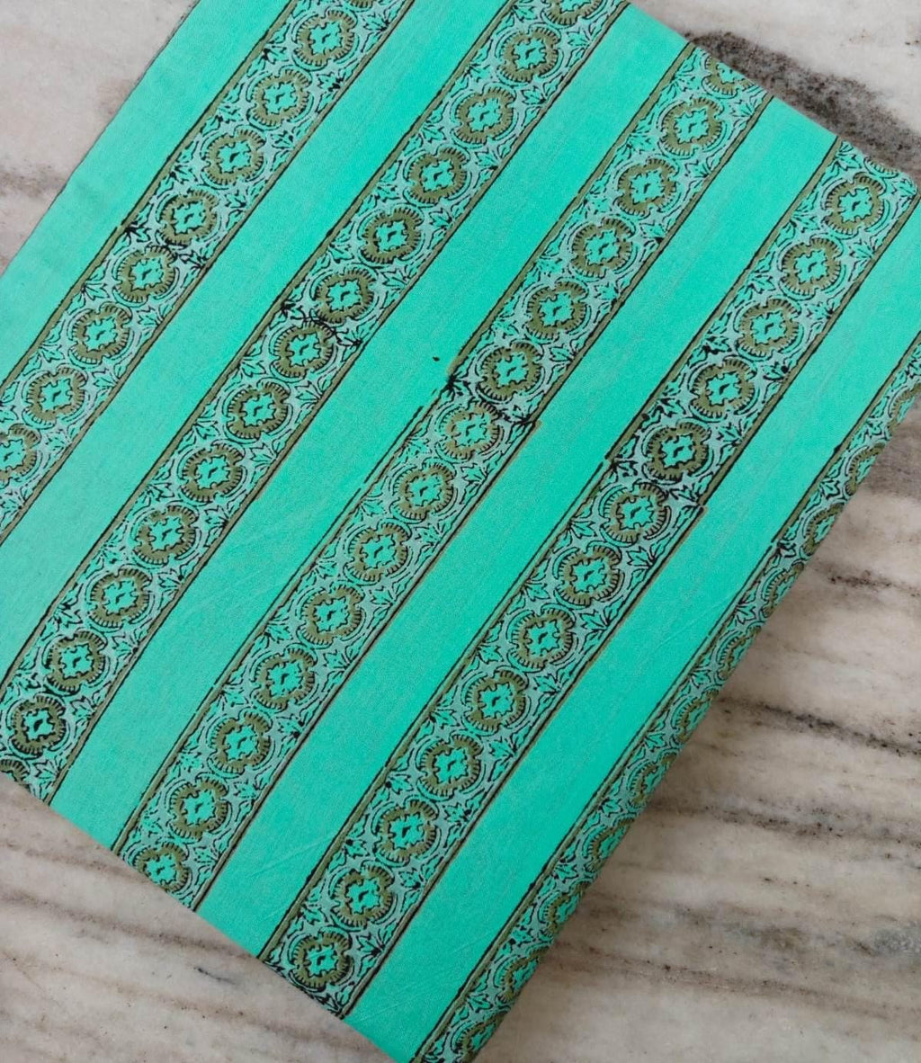 Hand Block Printed Cotton Fabric, Turquoise Floral Stripe Fabric, Indian Cotton Textile, Dressmaking Quilting Fabric, Fabric By The Yard