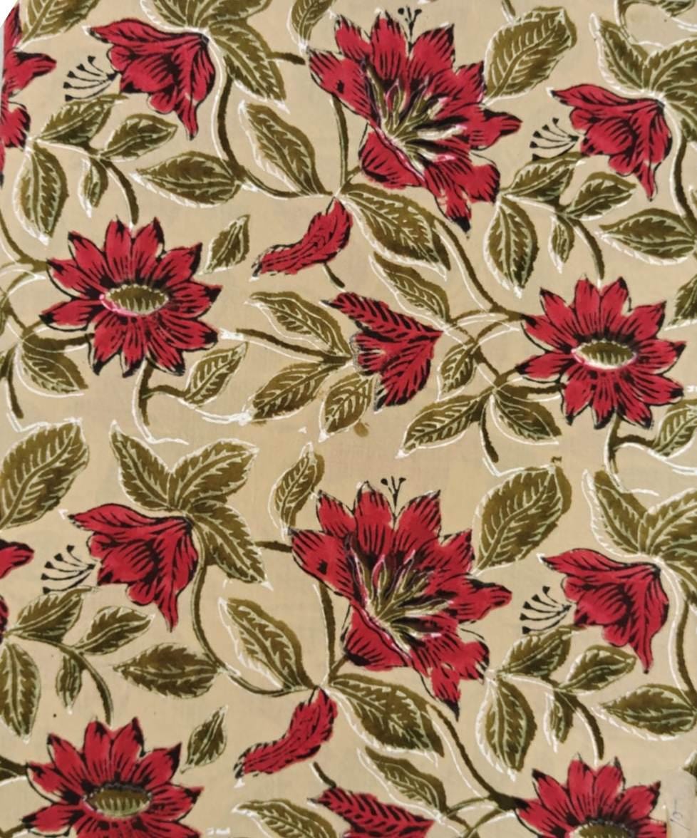 Red Floral Cotton Fabric by the Yard, Red Flower and Olive Green Print Fabric, Traditional Floral Pattern for Dresses, Curtains, Quilts