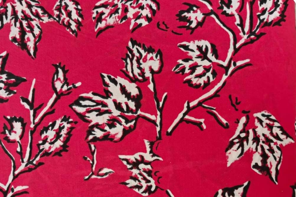Red Floral Soft Cotton Fabric, Black and White Leaf Print Fabric, Indian Hand Block Print Fabric By The Yard, Fabric for Loose Running