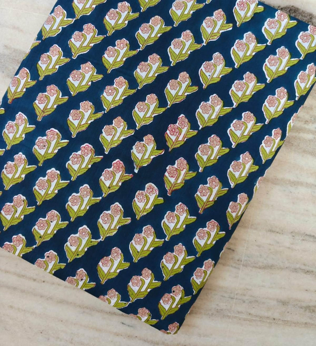 Blue Floral Cotton Fabric by the Yard, Indian Block Print Fabric, Pink Green Buti Print, Quilting Sewing Craft Fabric, Loose Running Fabric