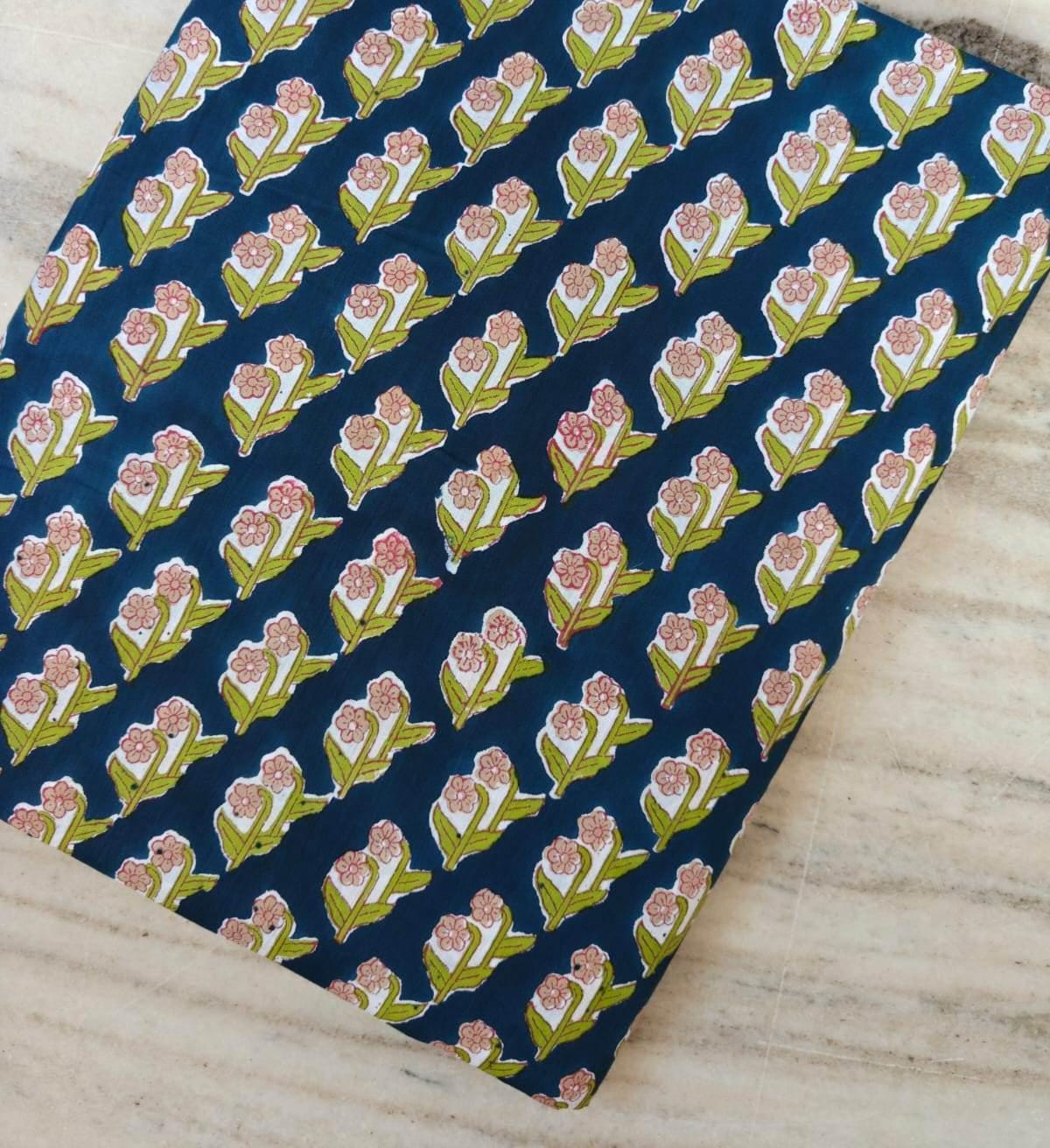 Blue Floral Cotton Fabric by the Yard, Indian Block Print Fabric, Pink Green Buti Print, Quilting Sewing Craft Fabric, Loose Running Fabric