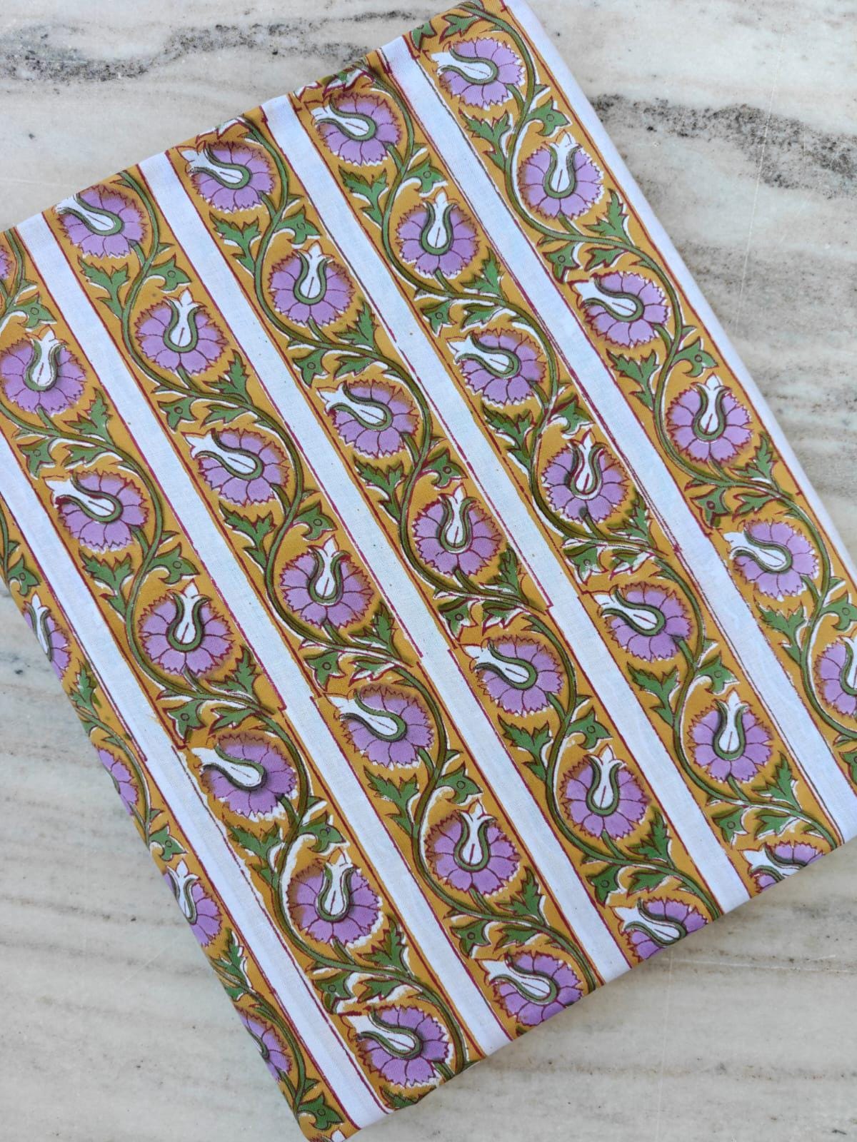 Mustard Yellow Floral Cotton Fabric by Yard, Paisley Stripe Block Print, Indian Handmade Fabric, Bohemian Craft Textile Loose Running Fabric