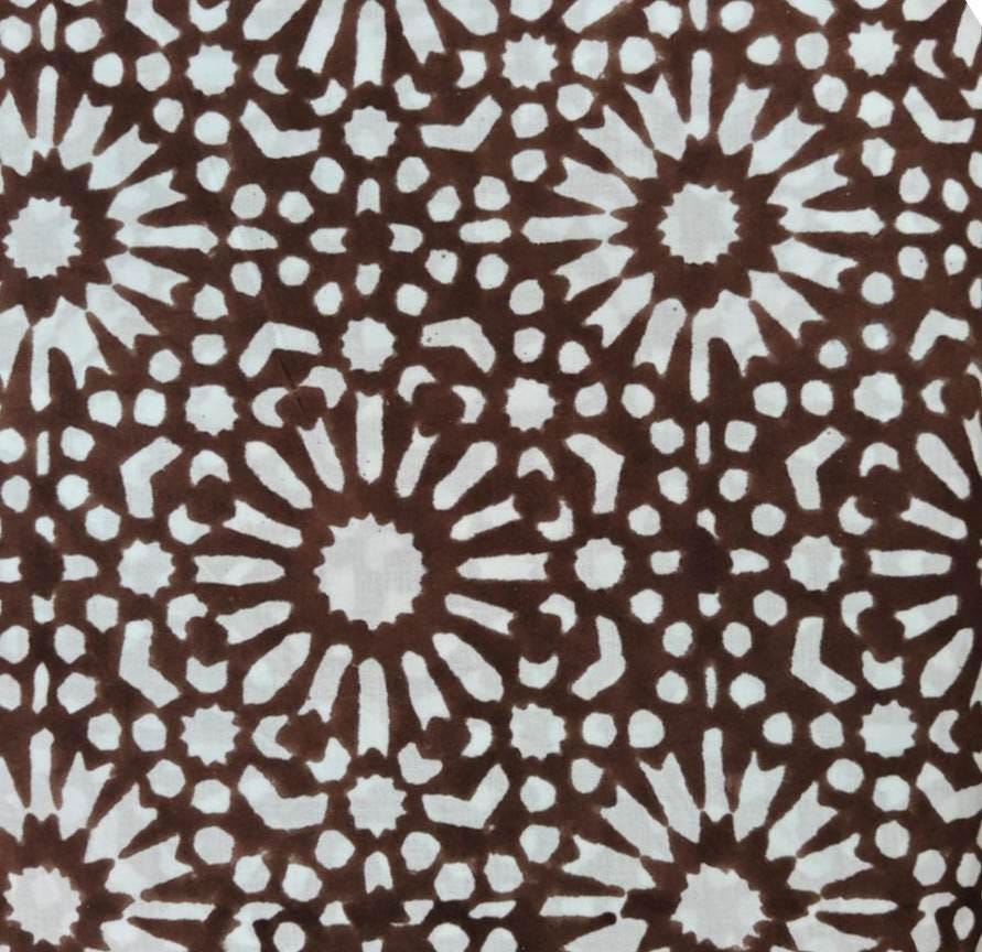 Brown White Geometric Cotton Fabric, Indian Block Print Fabric, Mandala Floral Pattern, Boho Fabric by Yard, Quilting Sewing Craft Material