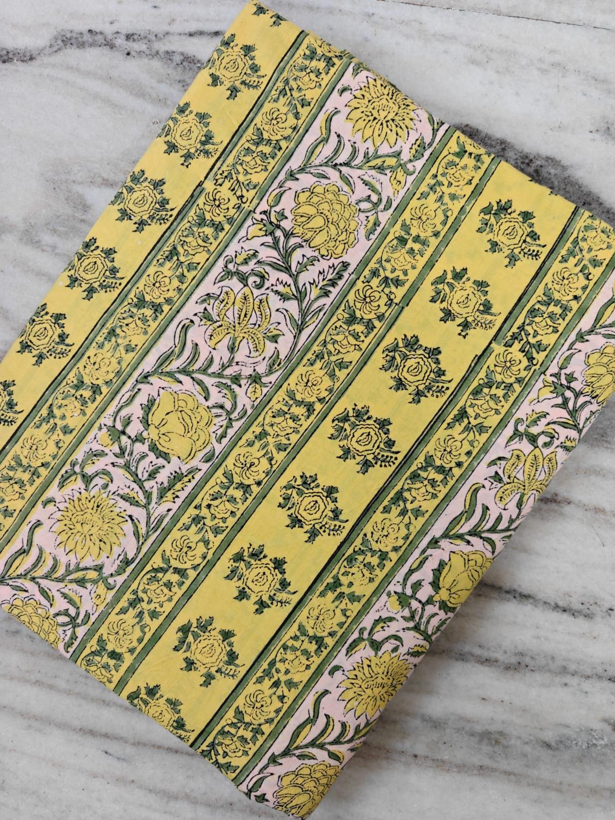 Yellow Floral Stripe Cotton Fabric, Block Print Fabric, Indian Cotton Fabric by Yard, Vintage Style Flower Fabric, Sewing Craft Fabric