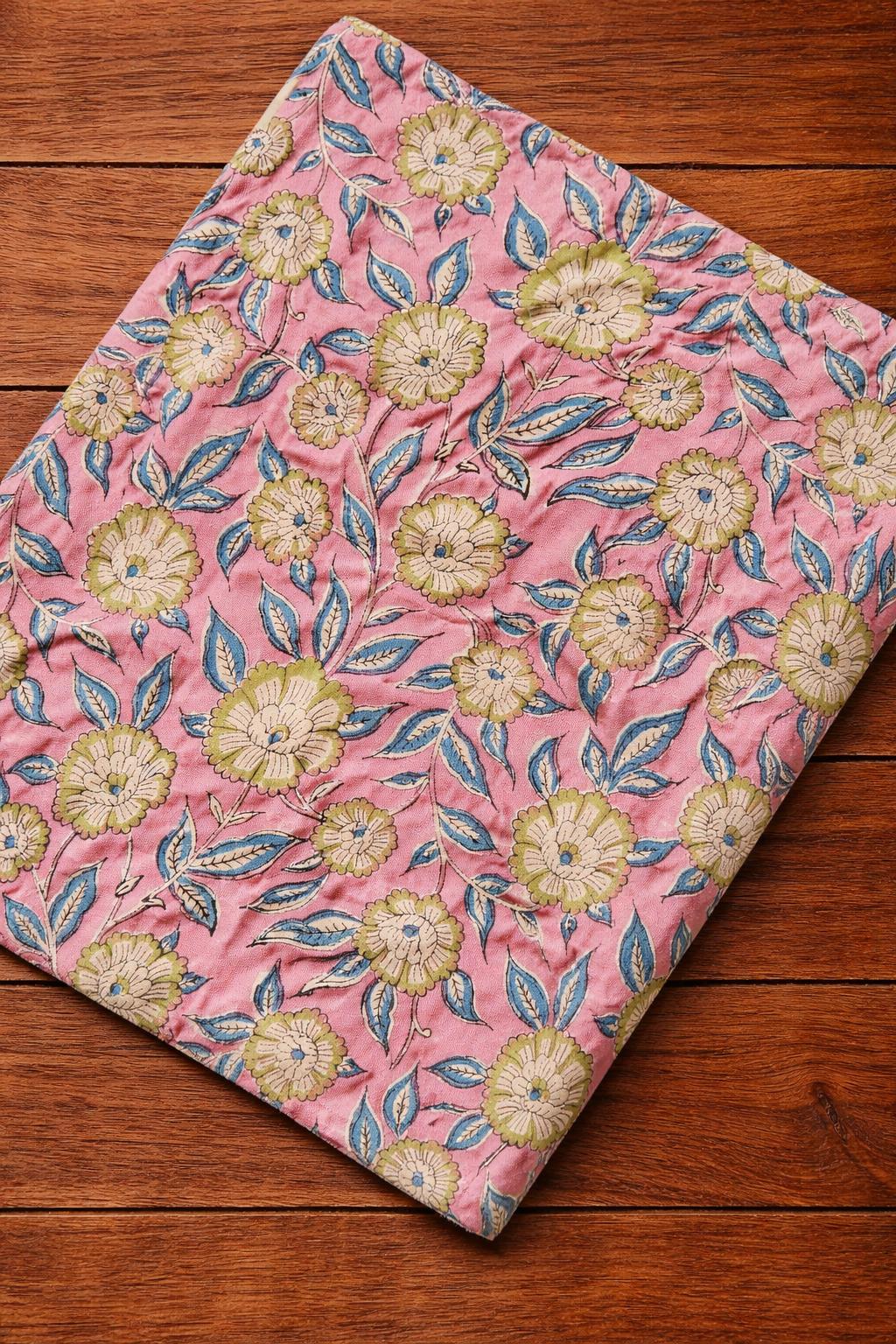 Pink Floral Cotton Fabric, Hand Block Print Fabric by Yard, Indian Flower Print Cotton Cloth for Sewing, Quilting, Dressmaking, Napkins
