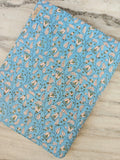 Sky Blue Floral Cotton Fabric by the Yard, Indian Hand Block Print Cotton, Delicate Vine Leaf Print Quilting Sewing Dressmaking Craft Fabric