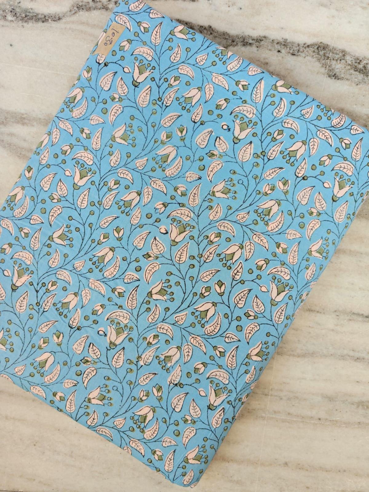 Sky Blue Floral Cotton Fabric by the Yard, Indian Hand Block Print Cotton, Delicate Vine Leaf Print Quilting Sewing Dressmaking Craft Fabric