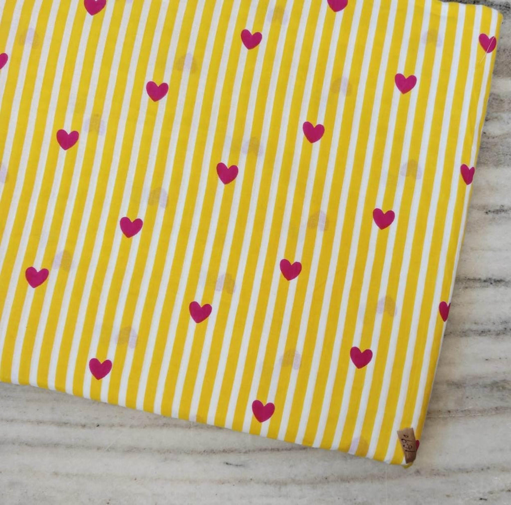 Yellow Stripe Heart Cotton Fabric, Pink Heart Print Fabric by the Yard, Cute Valentine Fabric for Quilting Sewing Modern Love Pattern Fabric