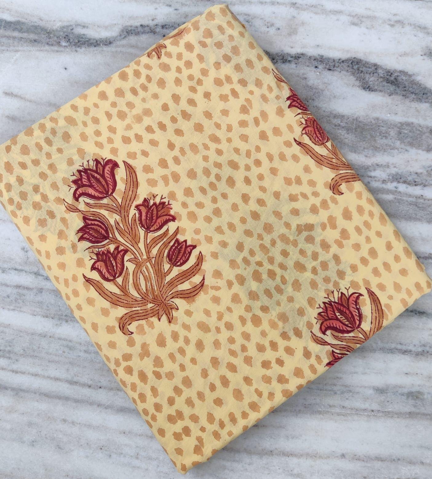 Yellow Cotton Fabric, Hand Block Print Floral Fabric, Mustard Dotted Background, Indian Cotton Fabric, Boho Sewing & Quilting Fabric by Yard