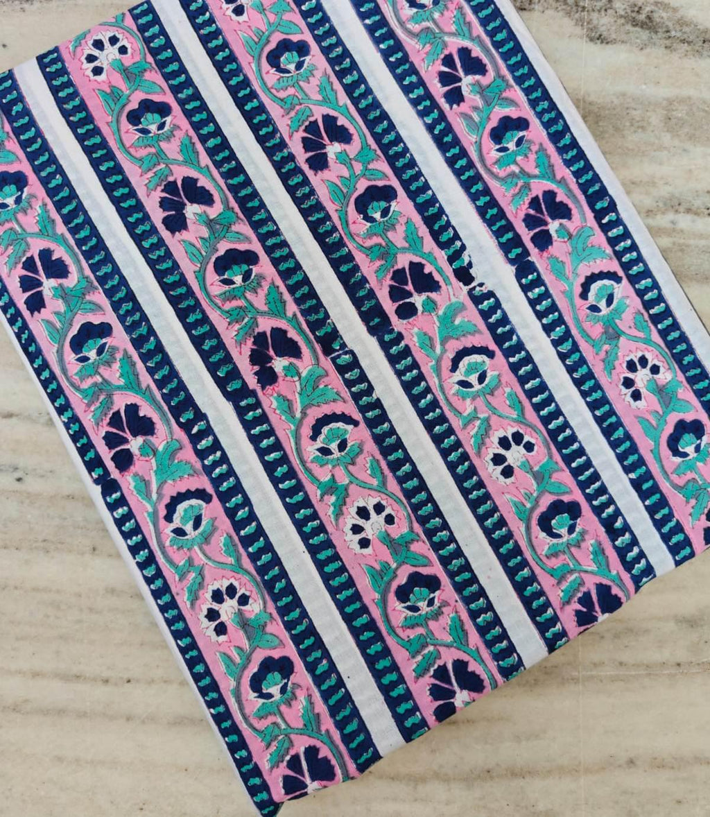 Pink Striped Floral Cotton Fabric, Indian Block Print Fabric by Yard, Boho Stripe Flower Fabric, Quilting Sewing Craft Dressmaking Fabric