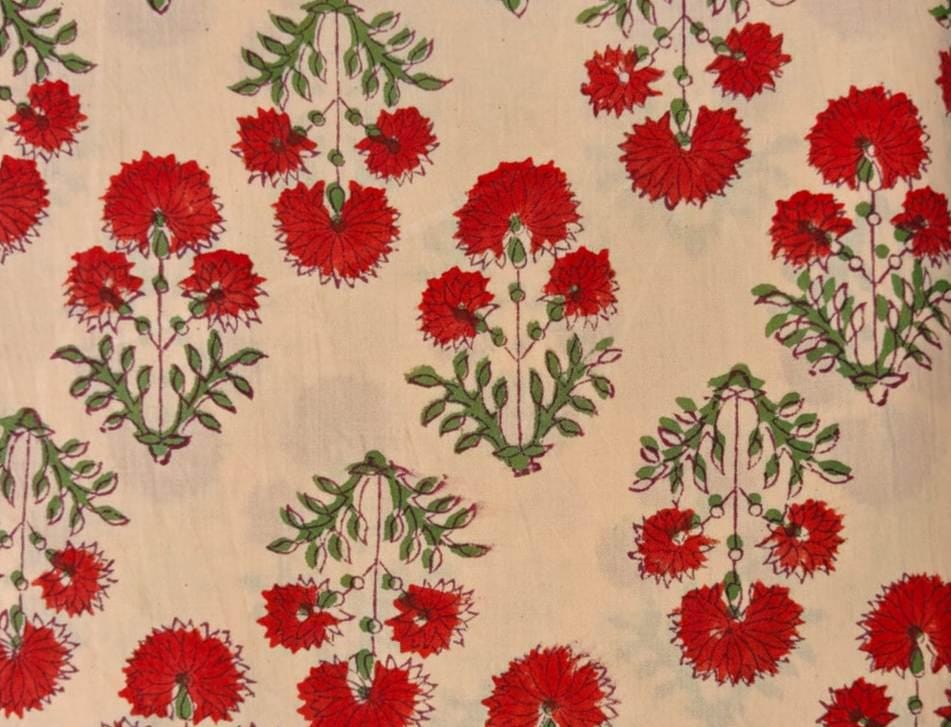 Red Floral Cotton Fabric by the Yard, Red Flower and Olive Green Print Fabric, Traditional Floral Pattern for Dresses, Curtains, Quilts