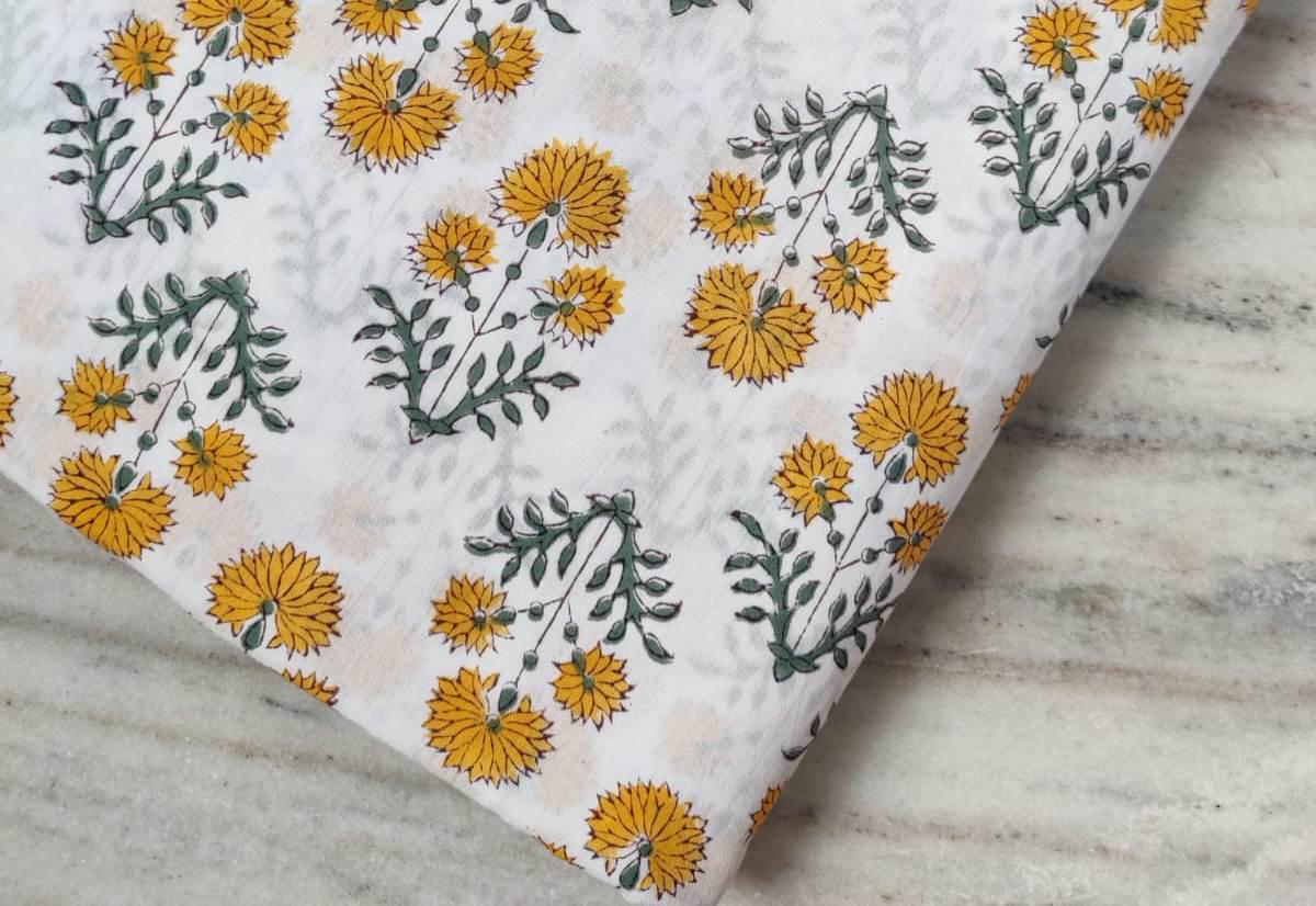 White Cotton Fabric with Yellow Floral Print, Hand Block Print Fabric by the Yard, Soft Indian Cotton for Quilting, Sewing, Dressmaking
